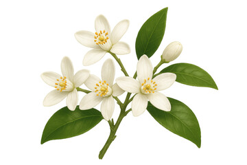 Orange blossom sprig featuring pristine white petals, glossy green foliage, floating against transparent backdrop with elegant botanical detail
