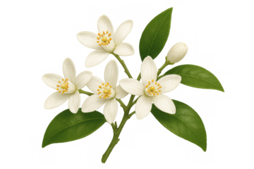 Orange blossom sprig featuring pristine white petals, glossy green foliage, floating against transparent backdrop with elegant botanical detail