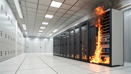 Server Room on Fire Data Center Disaster with Burning Rack Illustrating Cybersecurity Breach and System Failure in Modern Technology Infrastructure