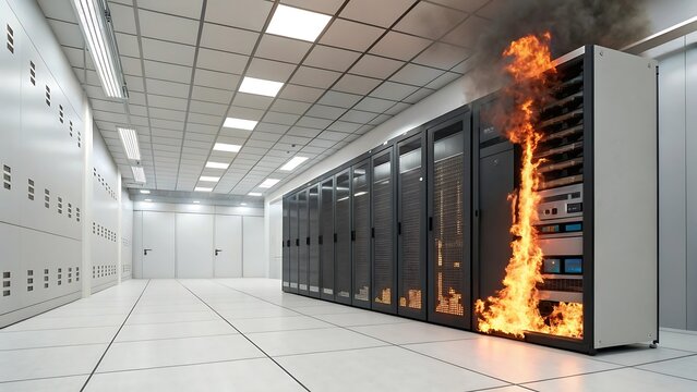 Server Room on Fire Data Center Disaster with Burning Rack Illustrating Cybersecurity Breach and System Failure in Modern Technology Infrastructure - Powered by Adobe