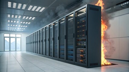 Data Center Server Room with Smoke and Fire Indicating System Failure Disaster Recovery or Cyber Attack with Rows of Server Racks