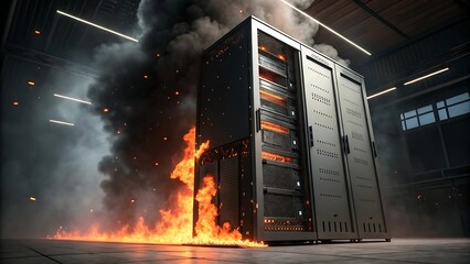 Server Room Fire Disaster Data Center Emergency with Flames and Smoke Engulfing Computer Servers in a Catastrophic Failure