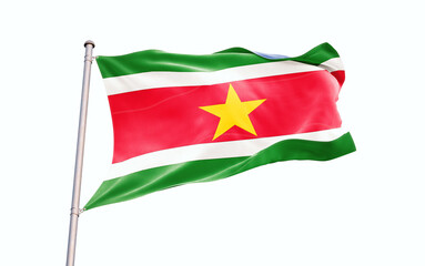 Suriname national flag waving isolated on white background with clipping path.