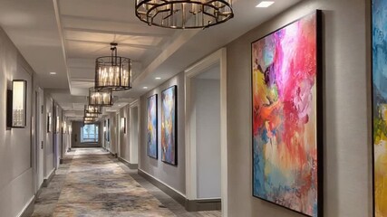 A long, elegant hallway features a neutral color palette, adorned with modern abstract art and contemporary light fixtures. The plush carpeting complements the sophisticated atmosphere, 