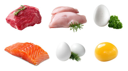 Isolated fresh meat chicken egg salmon egg yolk on transparent background with herbs