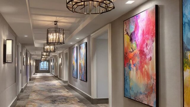 A long, elegant hallway features a neutral color palette, adorned with modern abstract art and contemporary light fixtures. The plush carpeting complements the sophisticated atmosphere, 