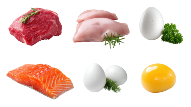 Isolated fresh meat chicken egg salmon egg yolk on transparent background with herbs