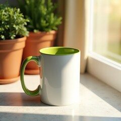 Obraz premium Mug mockup a white mug with a green interior and handle sits on a windowsill near potted plants in soft sunlight