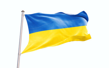 Ukraine national flag waving isolated on white background with clipping path.