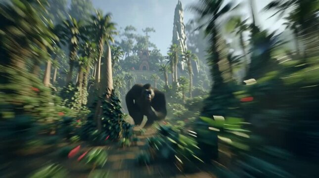 Aggressive angry gorilla running through a lush jungle
