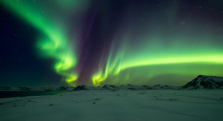 Arctic Aurora Borealis Display over Snow Covered Mountains