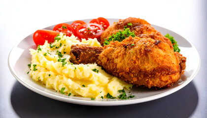 Crispy fried chicken with creamy mashed potatoes and fresh tomato slices on white plate