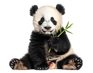 Fototapeta premium Adorable Baby Panda Sitting with Bamboo Stick, Front View, Transparent background 