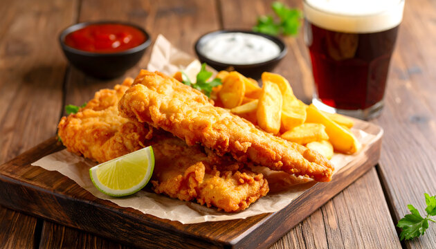 Crispy Fried Fish and Chips with Tartar Sauce and Beer - Powered by Adobe