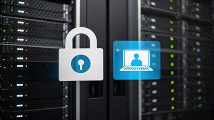 A digital lock and laptop icon overlayed on a server rack symbolize data security and cybersecurity protection in a data center environment.