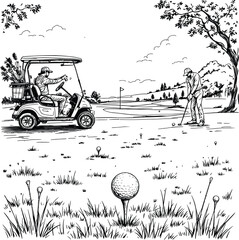 Black-and-White Vector Illustration of Golfing Scene with Cart & Tee View – 1-Item Sports Silhouette