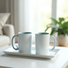 Fototapeta premium Mug mockup two white mugs with blue accents on a white tray with a plant in the background on a white table