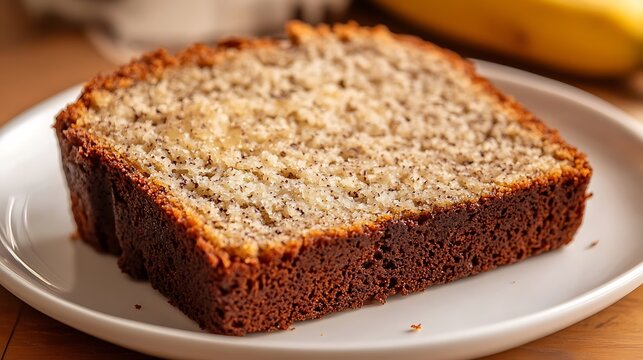 Slice of Moist Banana Bread on a White Plate