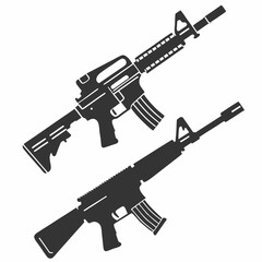 Two Silhouetted Assault Rifles AR 15 Style Isolated on White Background for Design Elements