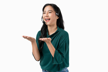 Cheerful beautiful Asian woman consultant wearing microphone headset of customer support phone...