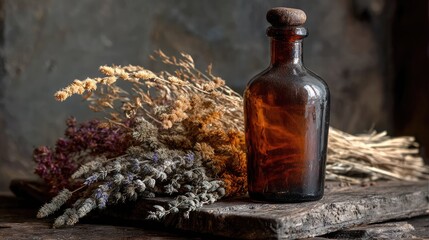 Apothecary-style brown bottle on rustic wood with dried plants