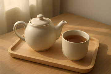 Fototapeta premium Cozy Tea Time Scene with Teapot and Cup on Wooden Tray in Sunlight for Relaxation and Afternoon Rituals