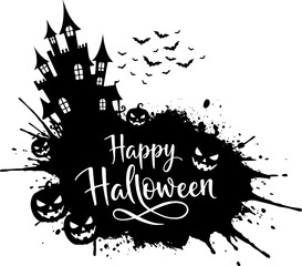 A spooky happy halloween graphic with a haunted castle silhouette flying bats carved pumpkins and a grunge ink splatter background