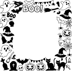 Decorative halloween frame silhouette with ghosts pumpkins bats and witch hats surrounds boo text for festive border design
