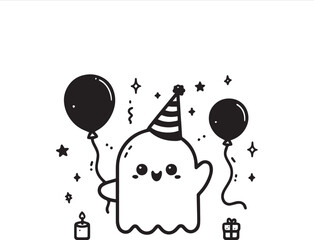 Minimalist Cute Ghost Line Art  Party Hat, Balloons & Sparkles