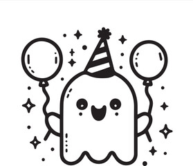 Minimalist Cute Ghost Line Art  Party Hat, Balloons & Sparkles