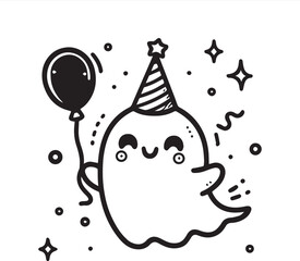 Minimalist Cute Ghost Line Art  Party Hat, Balloons & Sparkles
