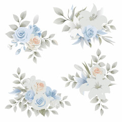 Elegant floral arrangements featuring pastel roses and lilies perfect for wedding designs and invitations