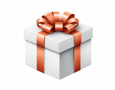 the image shows a wrapped present against a black background. the present is a square box with a lid. the box is decorated with light stripes and tied with a satin ribbon. a large bow sits on top