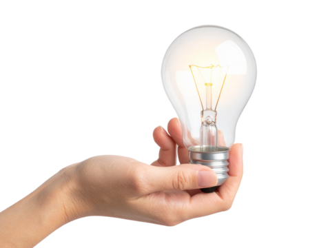 Human Hand Holding Lit Light Bulb Between Fingers, Side View, transparent - Powered by Adobe