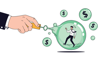 Businessman trapped inside a financial bubble facing economic uncertainty and seeking escape from financial instability and risk