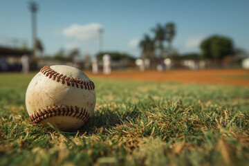 Baseball resting on green grass at a baseball field