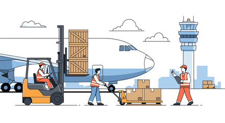 Efficient air cargo loading operations with forklifts and pallet jacks at the airport tarmac near a large airplane and control tower