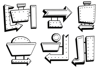 Monochrome retro signage with lights and arrows, outline raster illustration, glowing on black