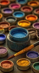 Colorful paint pots and a brush.