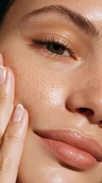 Macro shot of a woman applying hydrating serum to her face