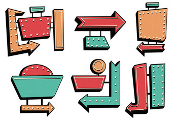 Color retro signage with arrows and lights, raster illustration, bold shapes, dark background