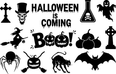 Halloween is coming typography with spooky characters skulls pumpkins cat and bats creates festive horror silhouette set