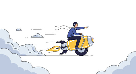 A person riding a futuristic rocket powered motorcycle through the clouds pointing forward with determination and ambition towards the future