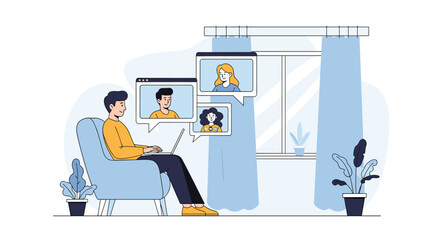 Illustrating a remote team meeting on a laptop with colleagues participating from their own locations via video calls and online communication technologies