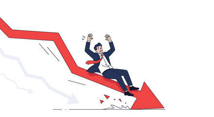 Businessman sliding downward red financial graph with falling momentum and crisis