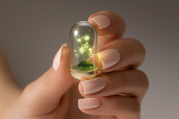 Human hand with a luminous miniature plant