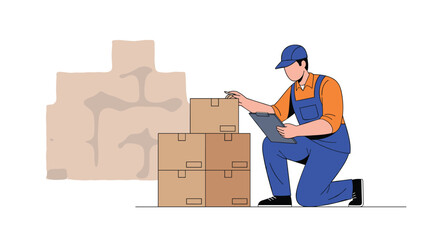 Skilled courier inspecting packages and taking notes for efficient logistics and delivery operations