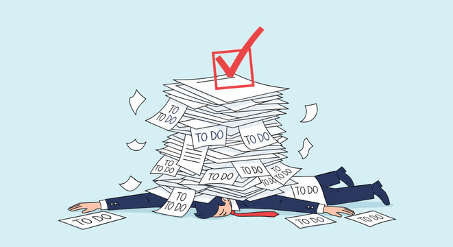 Overwhelmed businessman buried under massive paperwork pile with checkmark task completion symbol symbolizing extreme workload and stress