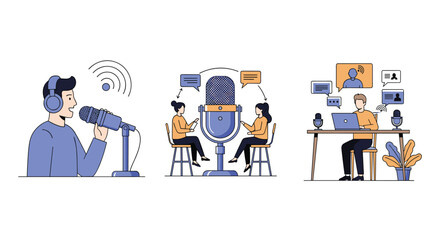 Diverse podcasters recording and broadcasting engaging audio content online