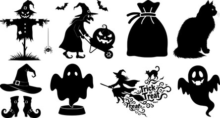 Naklejka premium A fun and spooky Halloween bundle featuring witch and pumpkin silhouettes a scarecrow ghosts and a cat for a creative design